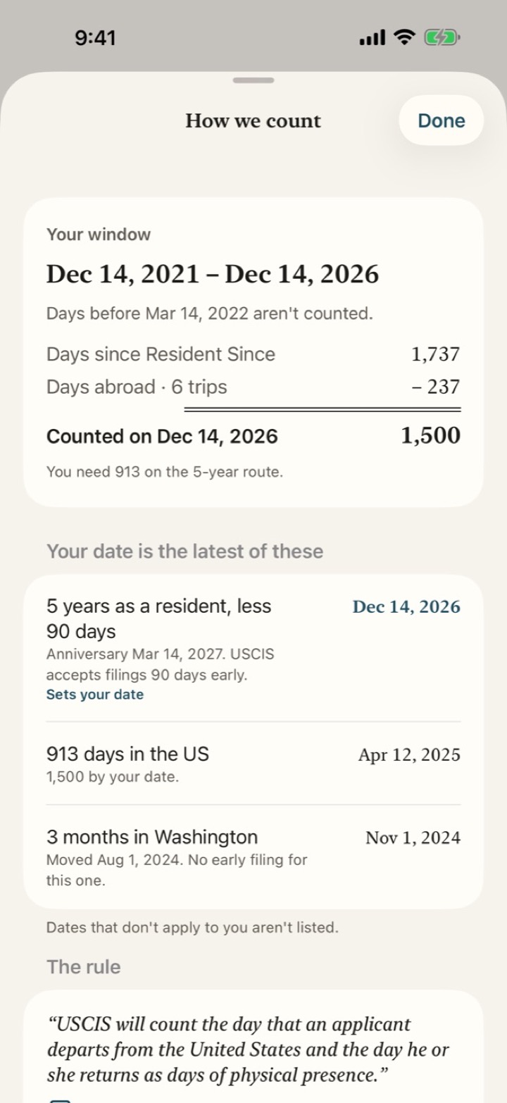 How we count: your window, days abroad subtracted, and the dates that set your filing date.