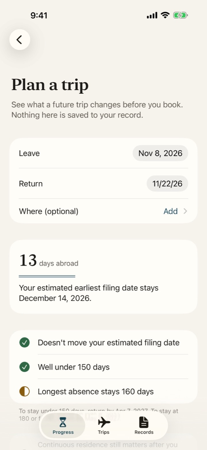 Plan a trip: 13 days abroad, and the estimated filing date stays December 14, 2026.
