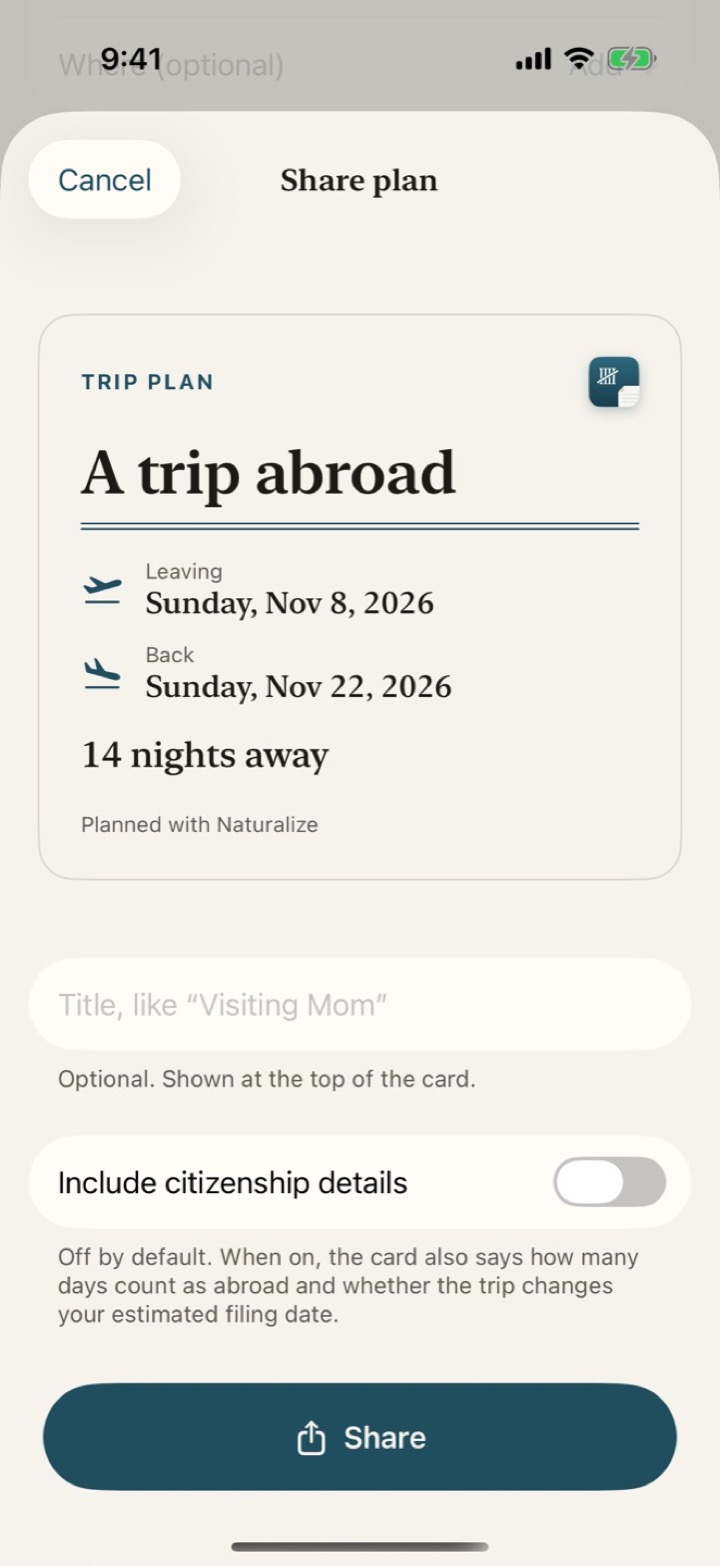 Share plan: a trip card with leaving and return dates and 14 nights away.